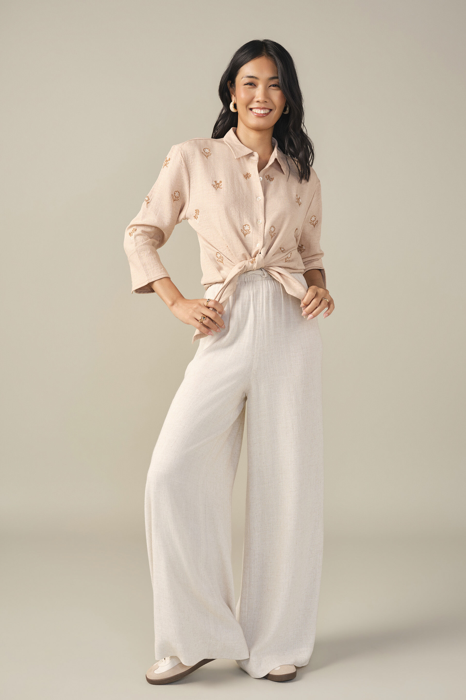 Floral Embroidered Shirt in Beige, Beige, image 5